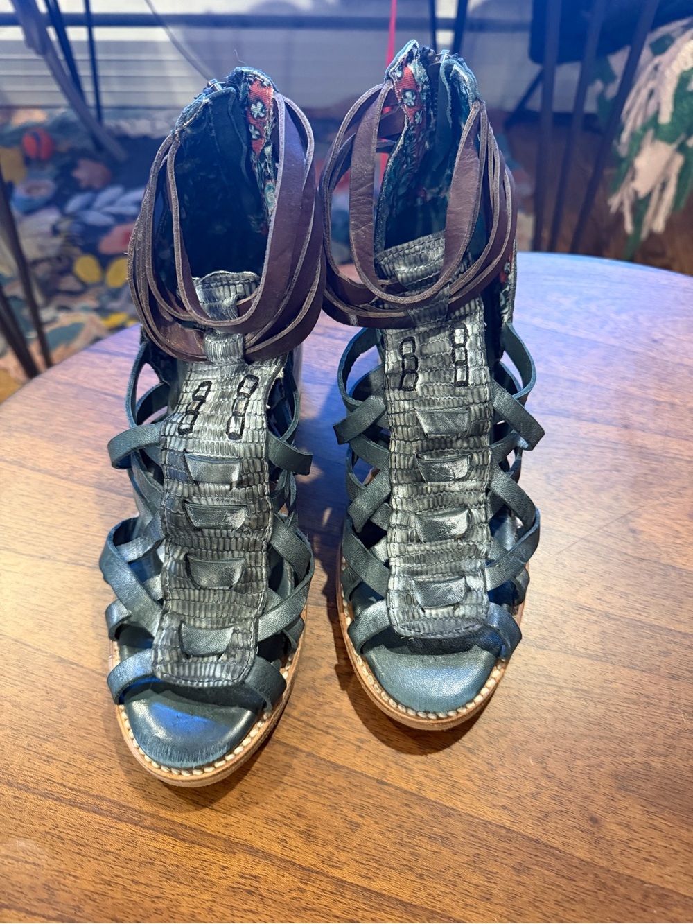Freebird by Steven Penny Grayish Blue and Brown Strappy Woven Heeled Sandals